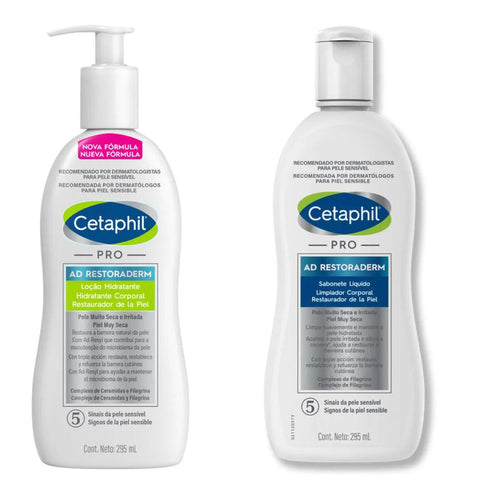 Kit Cetaphil Rotina PRO AD Restoraderm Loção Hidratante + Sabonete Líquido Pele Seca e Sensível - 295 mL + 295 mL