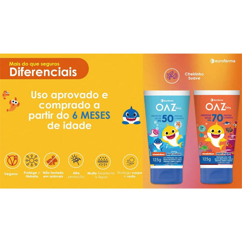 Protetor Solar Oaz Baby Shark Corpo & Rosto Para Crianças FPS 70 - 125 mL