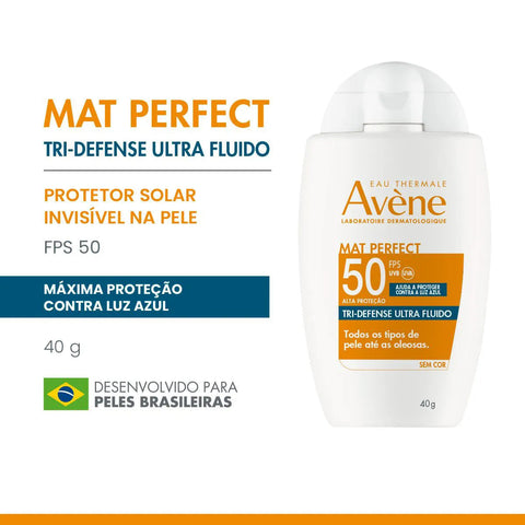 Protetor Solar Facial Avène Mat Perfect Tri-Defense Ultra Fluido Sem Cor - FPS 50 - 40 g