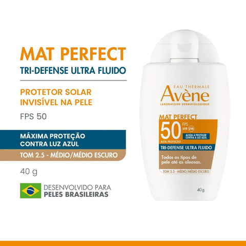 Protetor Solar Facial Avène Mat Perfect Tri-Defense Ultra Fluido Tom 2.5 Médio/Escuro - FPS 50 - 40 g