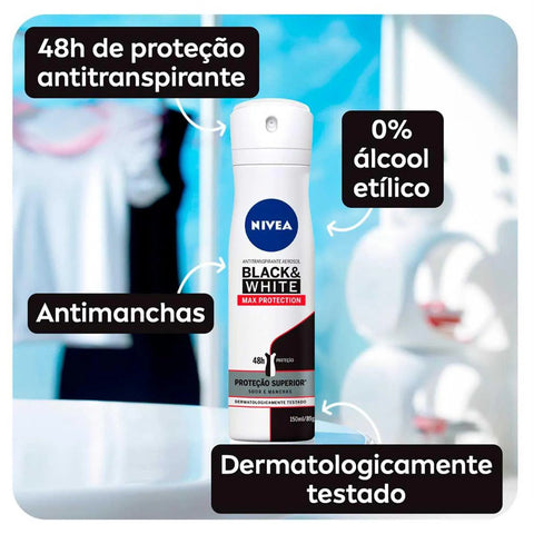 Desodorante Antitranspirante Feminino Nivea Black & White Máxima Proteção Aerossol, 1 Unidade Com 150 Ml