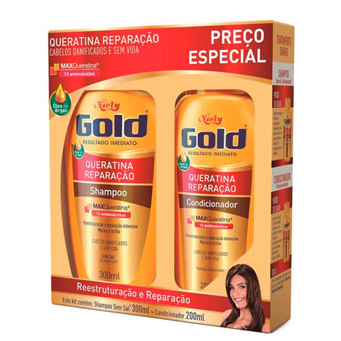 Kit Niely Gold Queratina Reparação Shampoo Com 300Ml + Condicionador Com 200Ml