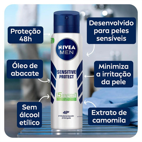 Desodorante Antitranspirante Masculino Nivea Men Sensitive Protect Aerossol, 1 Unidade Com 150Ml