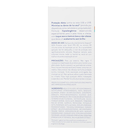 Protetor Solar Facial Asepxia Gen Mista a Oleosa - FPS 50 - 40 g