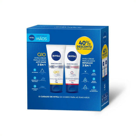 Kit Nivea Creme 3 Em 1 Anti-Idade Para Mãos 75G + Creme Hidratante 3 Em 1 Reparação Para M