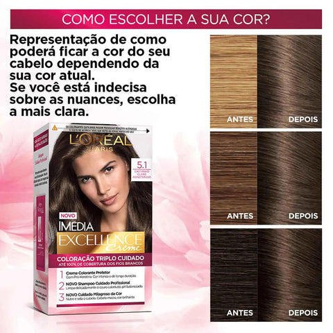 Tintura L'Oréal Imédia Excellence Creme Nº 5.1 Castanho Claro Acinzentado