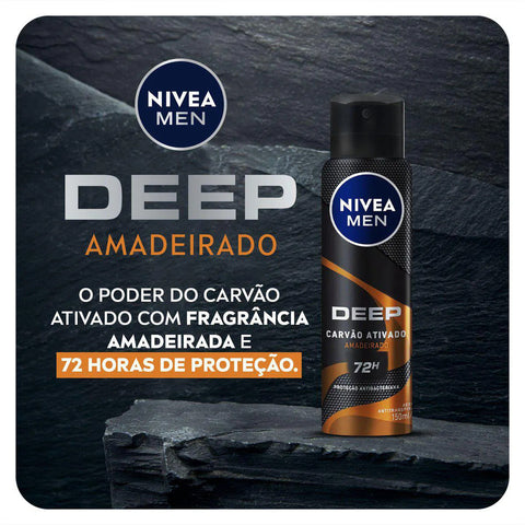 Desodorante Antitranspirante Masculino Nivea Men Deep Carvão Ativado Amadeirado, Aerossol, 1 Unidade Com 150Ml