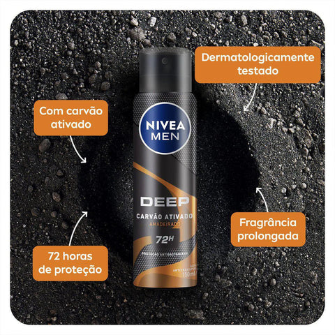 Desodorante Antitranspirante Masculino Nivea Men Deep Carvão Ativado Amadeirado, Aerossol, 1 Unidade Com 150Ml