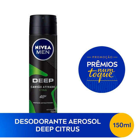 Desodorante Antitranspirante Masculino Nivea Men Deep Carvão Ativado Citrus, Aerossol, 1 Unidade Com 150Ml