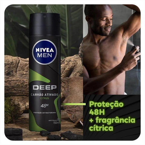 Desodorante Antitranspirante Masculino Nivea Men Deep Carvão Ativado Citrus, Aerossol, 1 Unidade Com 150Ml