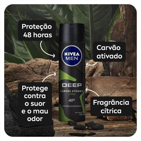 Desodorante Antitranspirante Masculino Nivea Men Deep Carvão Ativado Citrus, Aerossol, 1 Unidade Com 150Ml