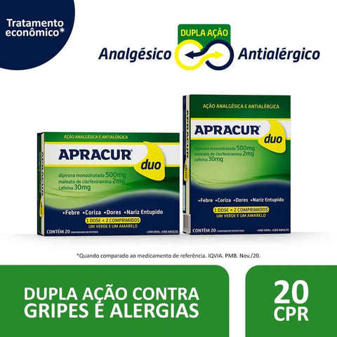 Apracur Duo 500mg + 2mg + 30mg - 20 Unidades - Comprimido