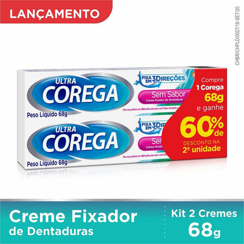 Creme Fixador de Dentadura Corega Ultra Sem Sabor, 2 Unidades Com 68G Cada + 60% de Desconto Na 2ª Unidade