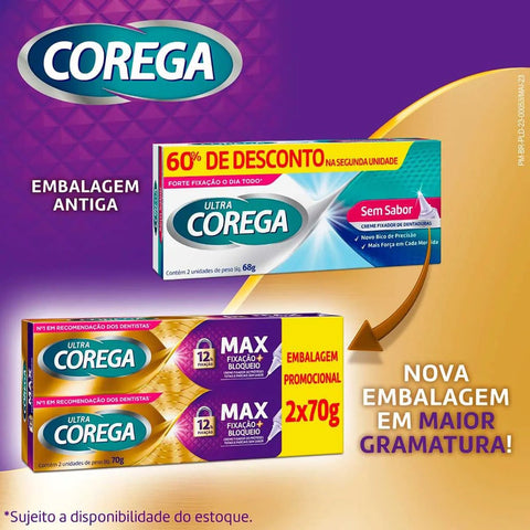 Creme Fixador de Dentadura Corega Ultra Sem Sabor, 2 Unidades Com 68G Cada + 60% de Desconto Na 2ª Unidade