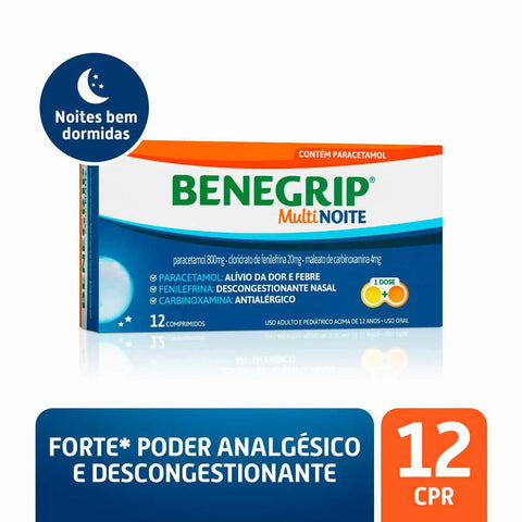 Benegrip Multi Noite 800mg + 20mg + 4mg - 12 Unidades - Comprimido