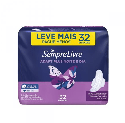 Absorvente Sempre Livre Adapt Plus Noite e Dia  Com Abas - Cobertura Suave - 32 Unidades