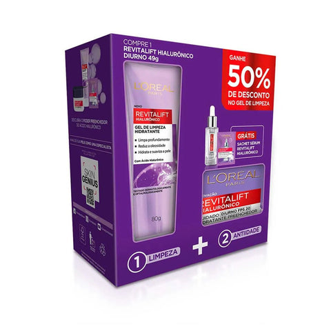 Kit L'Oréal Paris Revitalift Hialurônico Creme Dia + Gel de Limpeza Hidratante + Sérum Sachê