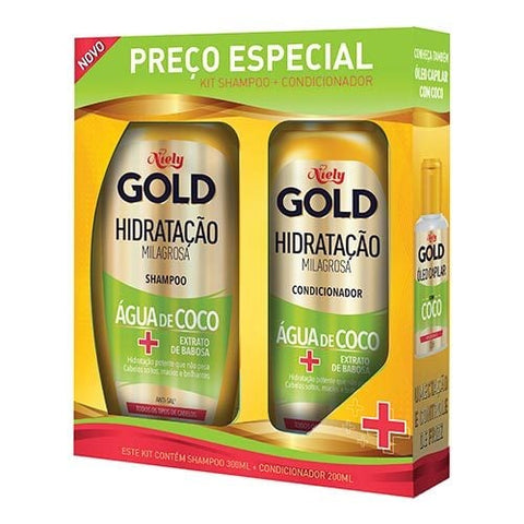 Kit Niely Gold Hidratação Milagrosa Água de Coco Shampoo, 300Ml + Condicionador, 200Ml