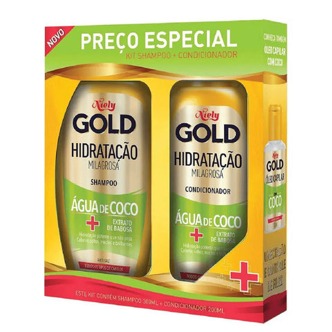 Kit Niely Gold Hidratação Milagrosa Água de Coco Shampoo, 300Ml + Condicionador, 200Ml