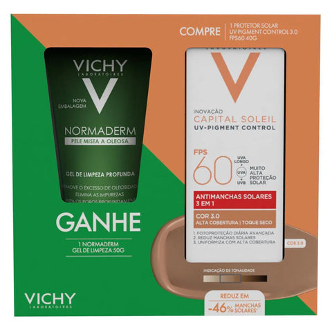 Kit Vichy Protetor Solar UV Pigment Control + Gel de Limpeza Facial Profunda Normaderm Cor 3.0 - FPS 60 - 40 g + 50 g