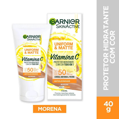 Protetor Solar Facial Garnier Uniform & Matte Vitamina C Morena - FPS 50 - 40 g