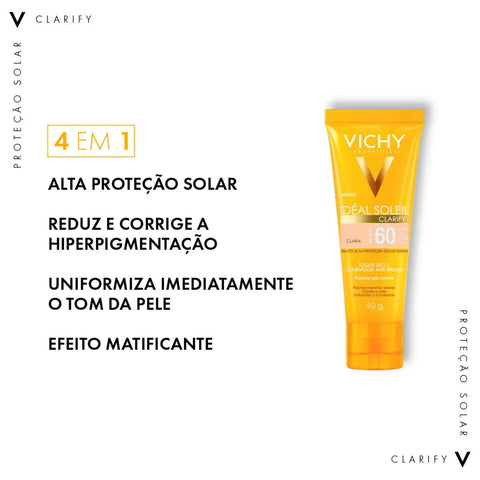 Protetor Solar Vichy Idéal Soleil Clarify Extra Claro - FPS 60 - 40 g