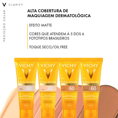Protetor Solar Vichy Idéal Soleil Clarify Extra Claro - FPS 60 - 40 g