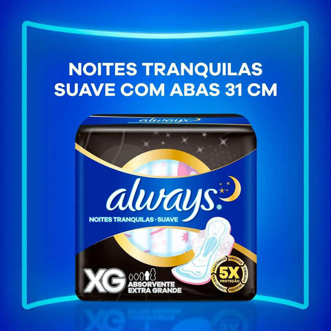 Absorvente Always Noites Tranquilas Com Abas - Cobertura Suave - 8 Unidades - Tamanho XG