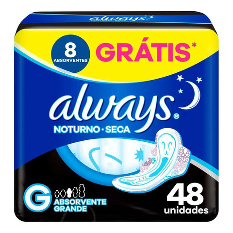 Absorvente Always Noturno Com Abas - Cobertura Seca - 48 Unidades - Tamanho G