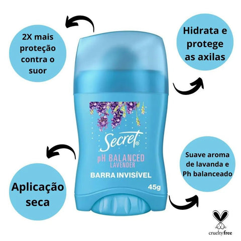 Antitranspirante Barra Invisible Secret Ph Balanced Lavender 45g
