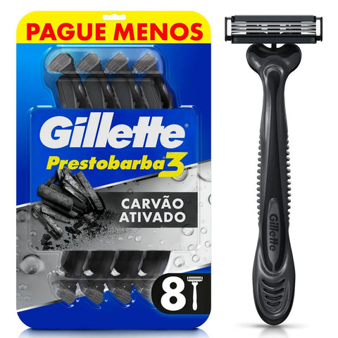 Aparelho de Barbear Descartável Gillette Prestobarba 3 Carvão Ativado 8 Unidades