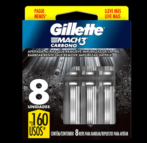 Carga Para Aparelho de Barbear Descartável Gillette Mach3 Carbono Carvão Ativado 8 Unidades