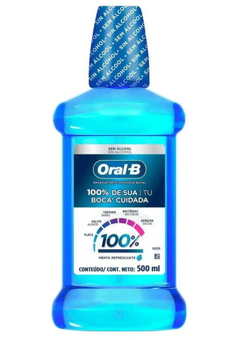 Enxaguante Bucal Oral-B 100% de Sua Boca Cuidada  Sem Álcool - Linha Menta Refrescante - 500 mL
