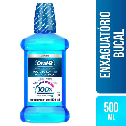 Enxaguante Bucal Oral-B 100% de Sua Boca Cuidada  Sem Álcool - Linha Menta Refrescante - 500 mL