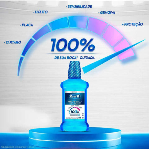Enxaguante Bucal Oral-B 100% de Sua Boca Cuidada  Sem Álcool - Linha Menta Refrescante - 500 mL