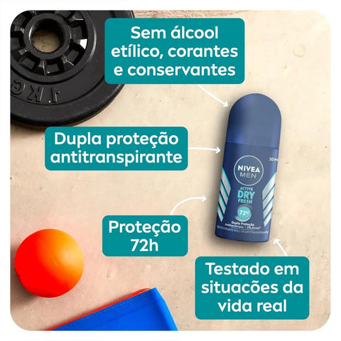 Desodorante Antitranspirante Masculino Nivea Men Active Dry Fresh Roll-On, 1 Unidade Com 50Ml