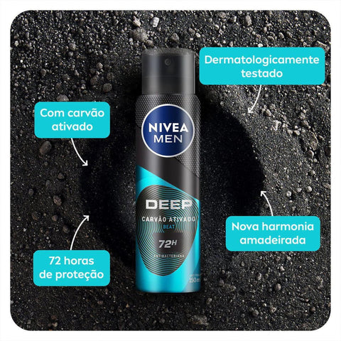 Desodorante Antitranspirante Masculino Nivea Men Deep Carvão Ativado Beat, Aerossol, 1 Unidade Com 150Ml