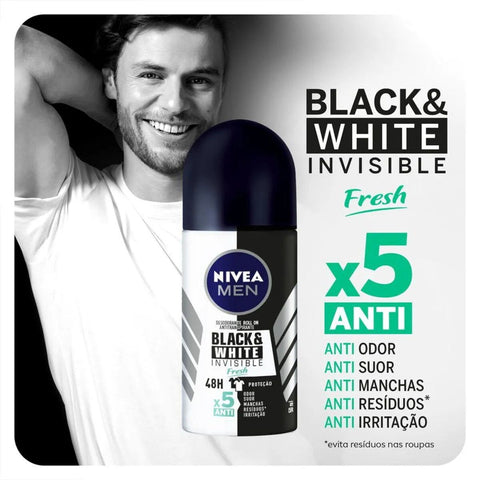 Desodorante Antitranspirante Masculino Nivea Men Invisible For Black & White Fresh Roll-On, 1 Unidade Com 50Ml