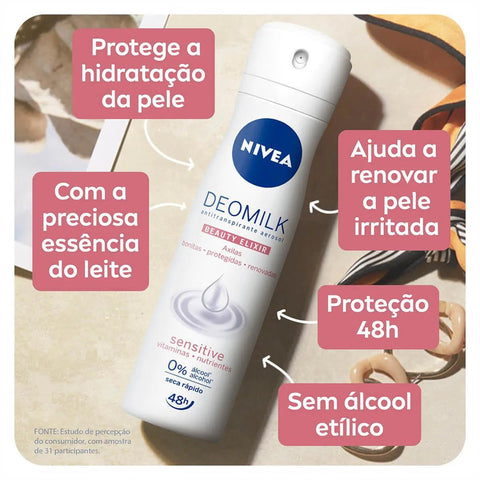 Desodorante Antitranspirante Nivea Deomilk Beauty Elixir Sensitive Aerossol, 1 Unidade Com 150Ml