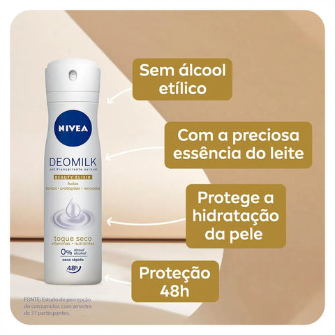 Desodorante Antitranspirante Nivea Deomilk Beauty Elixir Toque Seco Aerossol, 1 Unidade Com 150Ml