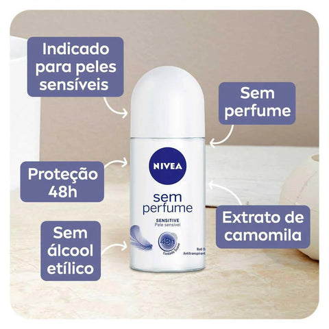 Desodorante Antitranspirante Nivea Pele Sensível Sem Perfume, Roll-On, 1 Unidade Com 50Ml