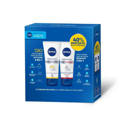 Kit Nivea Creme 3 Em 1 Anti-Idade Para Mãos 75G + Creme Hidratante 3 Em 1 Reparação Para M