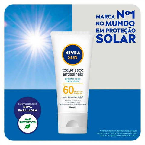 Kit Nivea Sun Protetor Solar Facial Toque Seco Antissinais + Creme Facial Antissinais  FPS 60 - 50 mL + 100 g