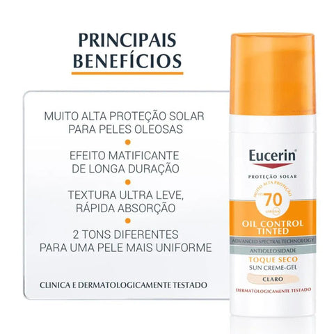 Protetor Solar Facial Eucerin Oil Control Tinted  Claro - FPS 70 - 50 mL