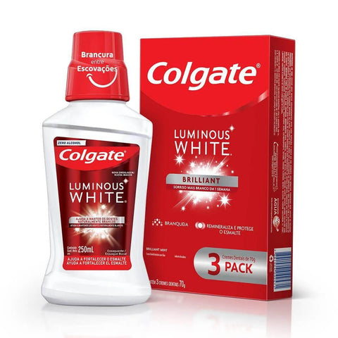 Kit Pasta de Dente + Enxaguante Colgate Luminous White  3 x 70 g + 250 mL