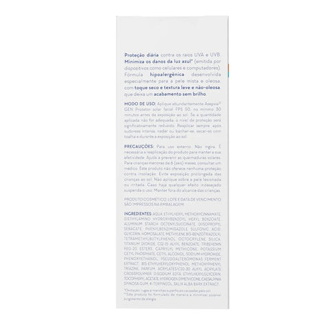 Protetor Solar Facial Asepxia Gen  Mista a Oleosa - FPS 50 - 40 g
