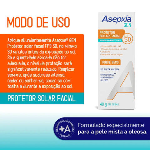 Protetor Solar Facial Asepxia Gen  Mista a Oleosa - FPS 50 - 40 g