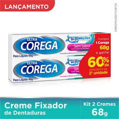 Creme Fixador de Dentadura Corega Ultra Sem Sabor, 2 Unidades Com 68G Cada + 60% de Desconto Na 2ª Unidade
