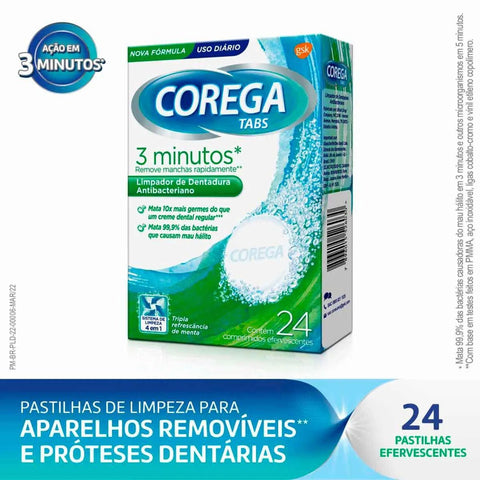 Limpador de Dentadura Corega Tabs Antibacteriano Comprimidos Efervescentes Com 24 Unidades