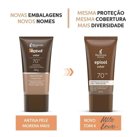 Protetor Solar Facial Episol Color  Médio Escuro - FPS 70 - 40 mL
